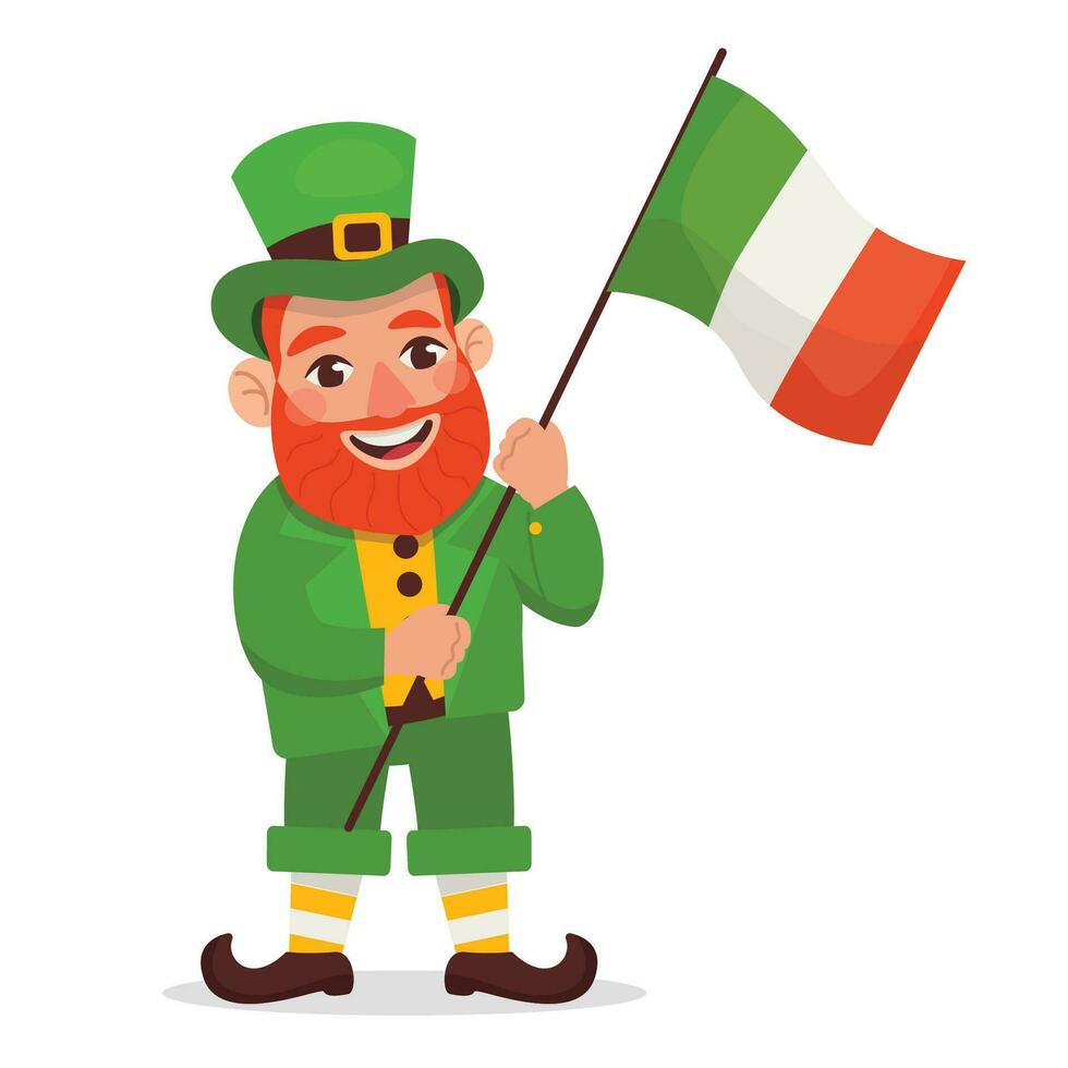 Funny Leprechaun waving a big flag of Ireland. St.Patrick 's Day. Vector graphic.