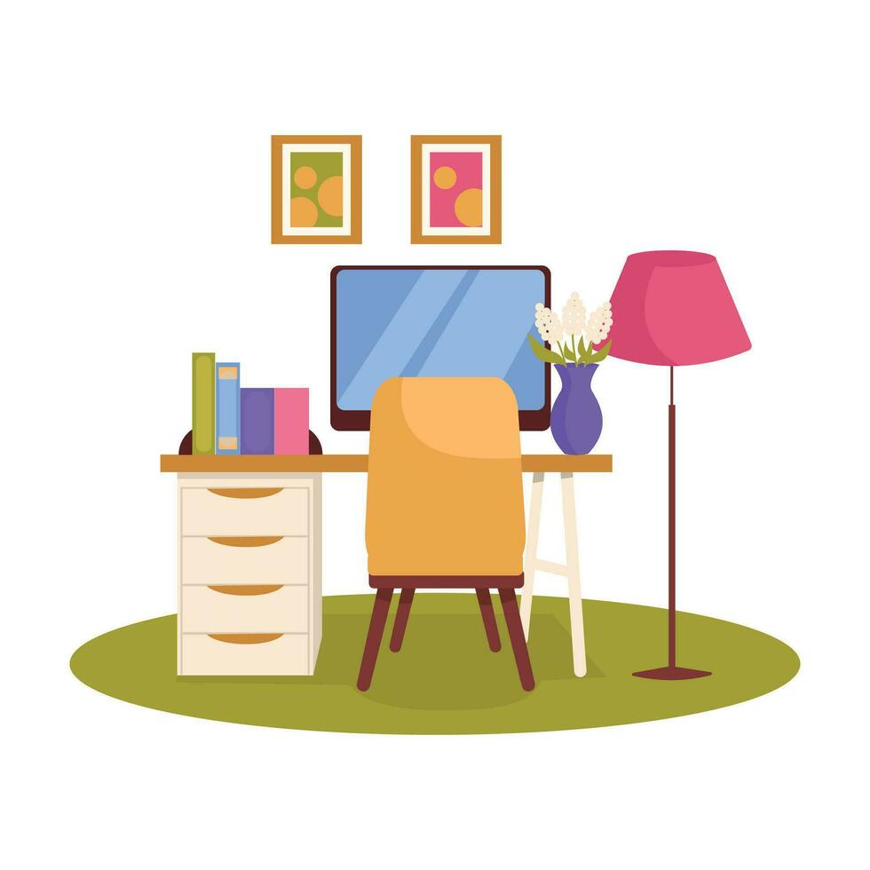 Office interior. Desktop, computer, chair, plant, lamp, books. Vector graphic.