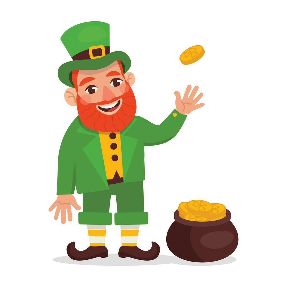 Funny leprechaun stands by the peas of gold coins and flips one coin. St.Patrick 's Day. Vector graphic.