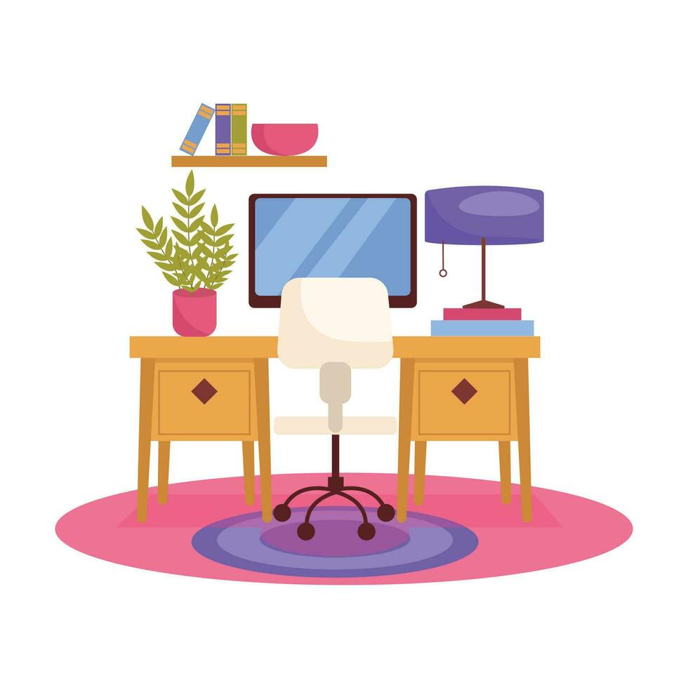 Office interior. Desktop, computer, armchair, carpet, plant, shelves, books, lamp. Vector graphic.