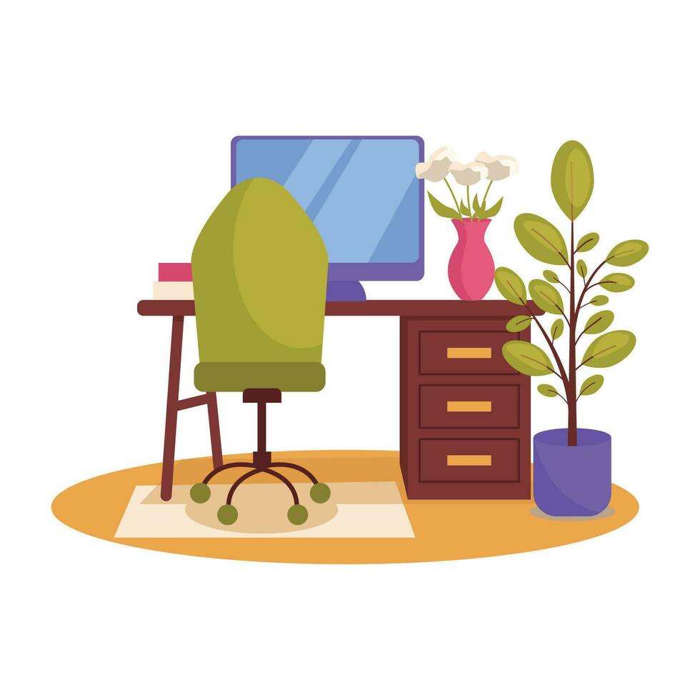 oficina interior. escritorio, computadora, sillón, alfombra, planta, florero con flores, libros. vector gráfico.