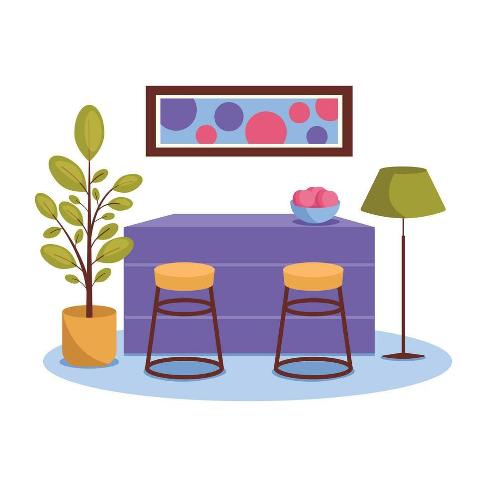 Kitchen interior. Bar counter, bar stools, plant, painting, lamp, fruit. Vector graphic.