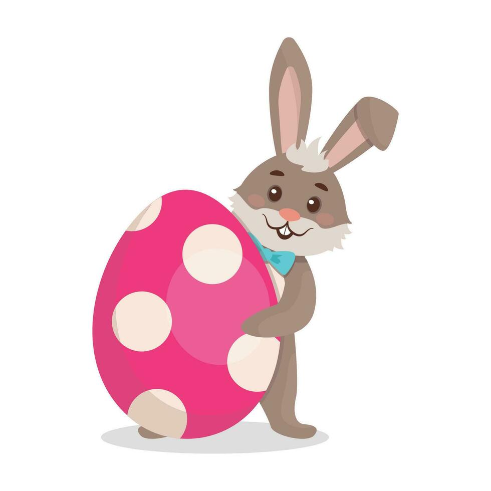 Easter Bunny peeks out from behind a large painted egg. Easter. Set. Vector graphic.