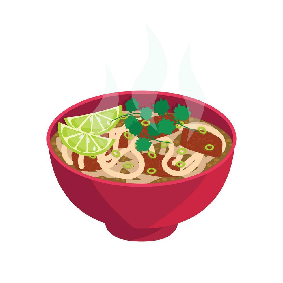 Pho bo. Noodles, meat, vegetables, broth. Vietnamese soup. Vector graphic.