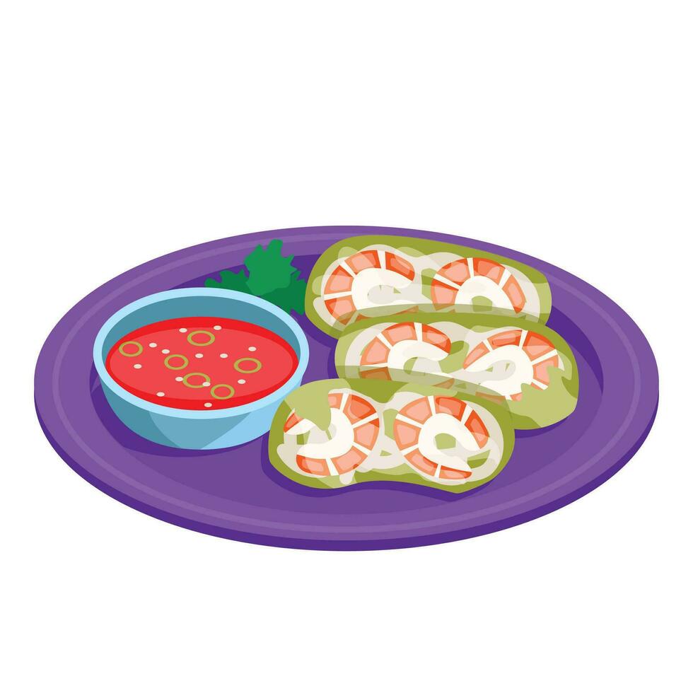 Spring rolls. Shrimp, vegetables in rice paper. Asian food. Vector graphic.