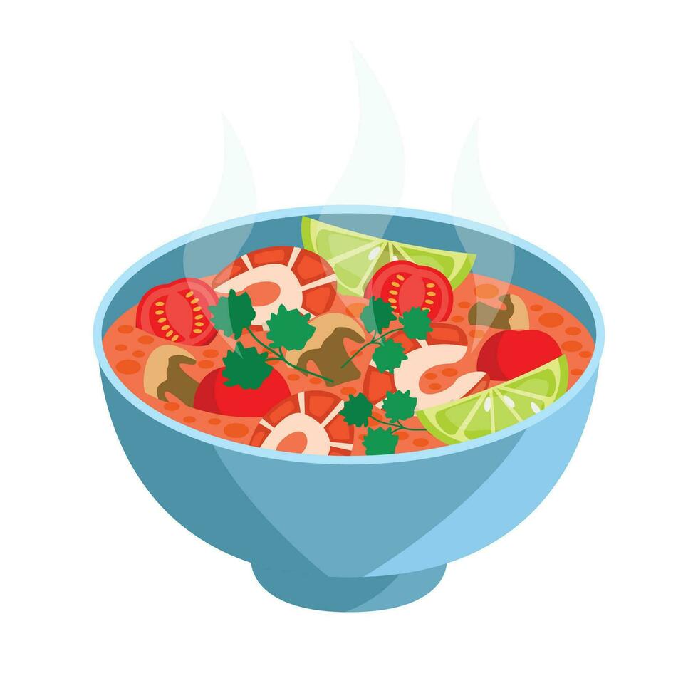 Tom Yam. Soup with seafood, mushrooms and vegetables. Vector graphic.