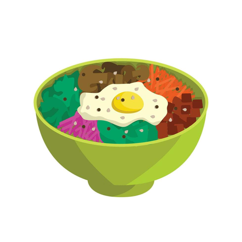 Pibimpap. Rice, vegetables, meat, egg, sesame. Asian food. Vector graphic.