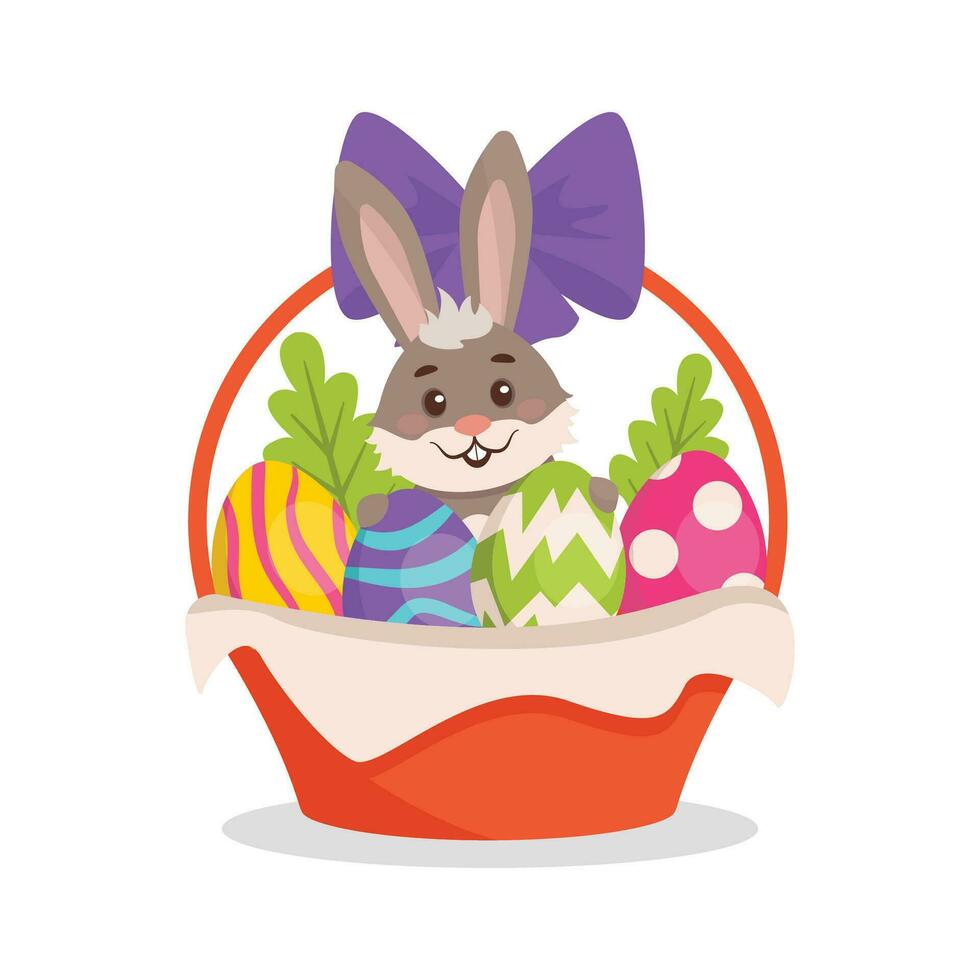 Basket with a bow with colored bright eggs and an Easter bunny. Easter. Set. Vector graphic.