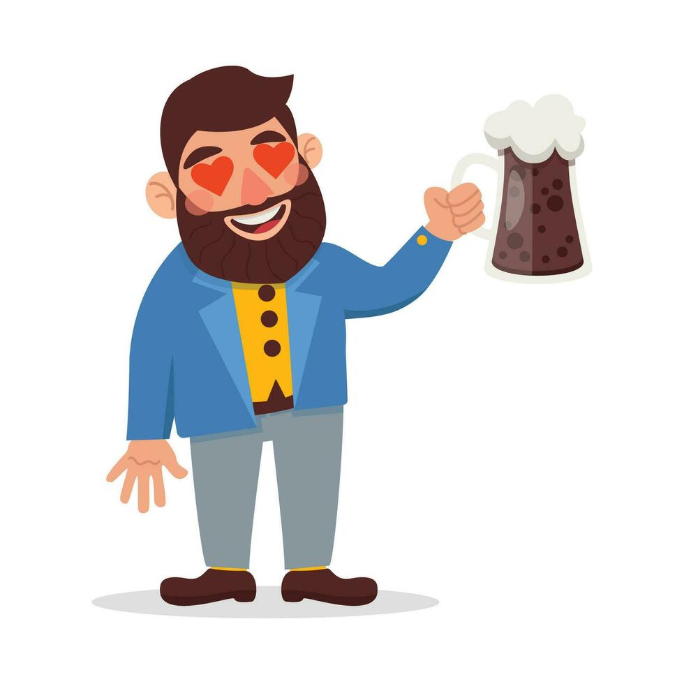 Man with a beard in a jacket holds a glass of dark beer. His eyes are heart-shaped. Vector graphic.