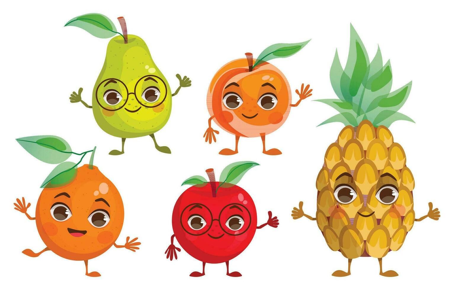 Set of cartoon fruit. Pear, apple, orange, pineapple, peach. With arms and legs. Vector graphic.