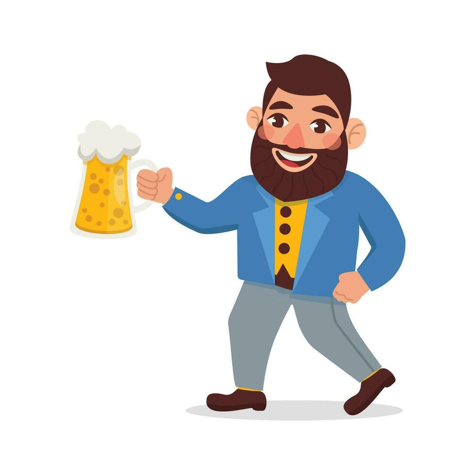 hombre con un barba en un chaqueta sostiene un vaso de ligero cerveza. vector gráfico.