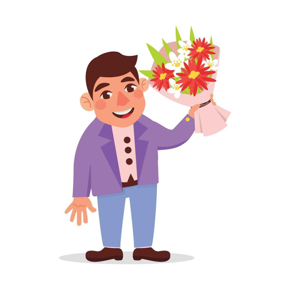 Man in a jacket holding a beautiful bouquet of flowers. Vector graphic.