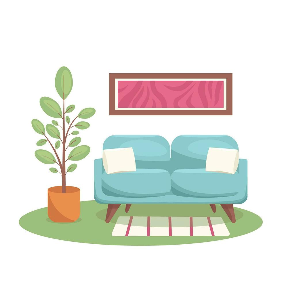 vivo habitación interior. sofá con cojines, planta, alfombra y cuadro. vector gráfico.