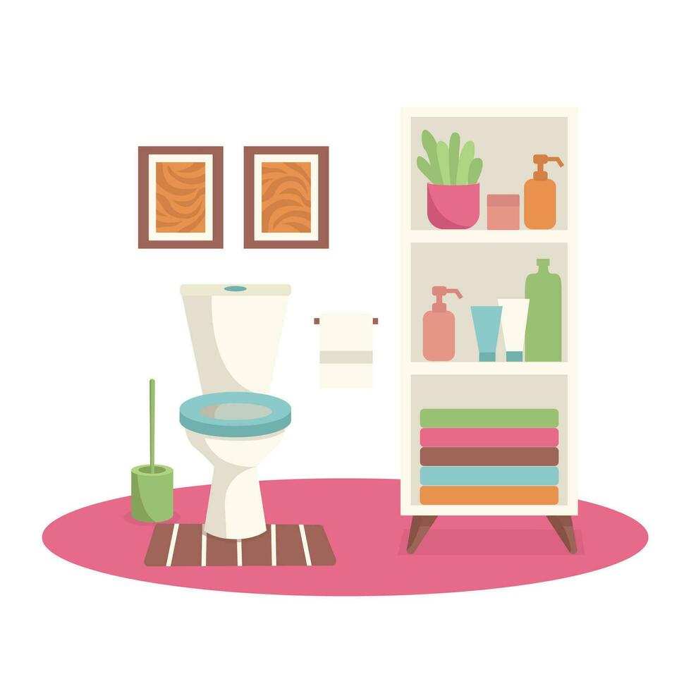 baño interior. baño. baño bol, baño cepillar, estante con personal, planta, florero de flores, pinturas vector gráfico.