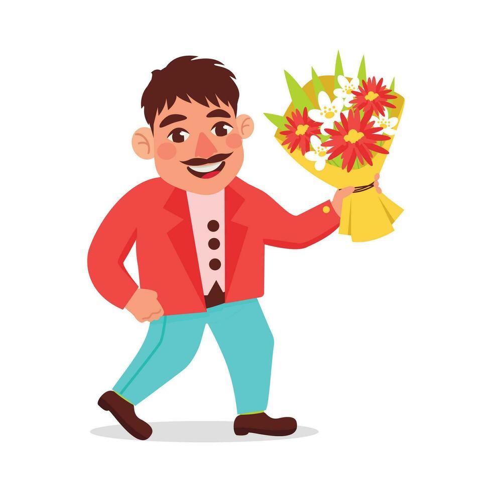 Man with a mustache in a jacket holding a beautiful bouquet of flowers. Vector graphic.