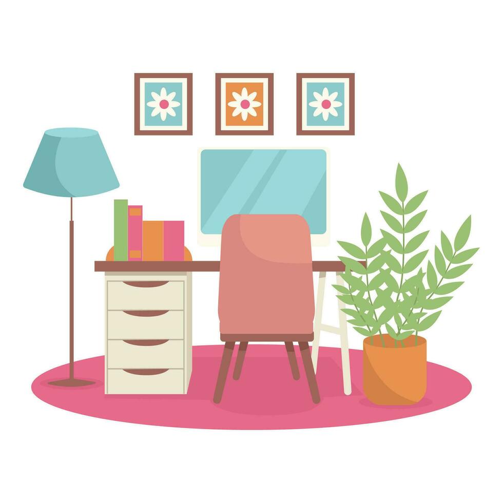 Office interior. Desktop, computer, chair, plant, lamp, books. Vector graphic.