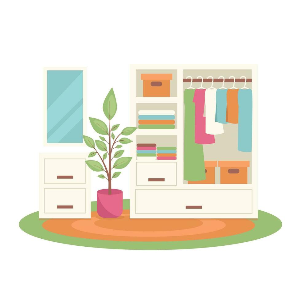 Wardrobe with clothes, boxes, table with lockers, mirror, potted plant, carpet. Vector graphic.