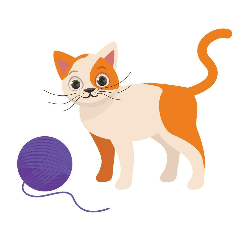 Cute red and white cat stands next to a purple ball of thread. Vector. graphic. vector