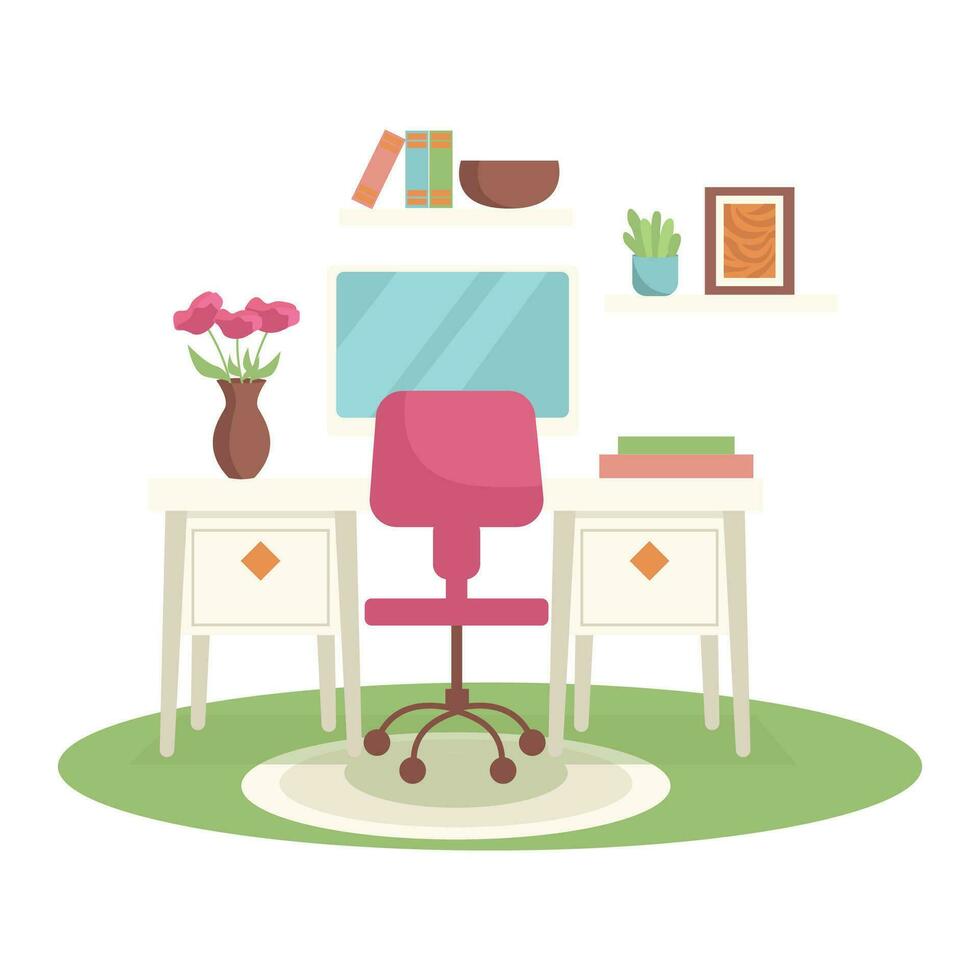 Office interior. Desktop, computer, armchair, carpet, plant, shelves, books, lamp. Vector graphic.