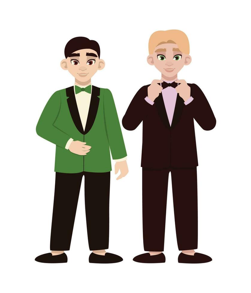 Two guys are graduates. Couple at a graduation party in beautiful elegant clothes. Vector graphic.