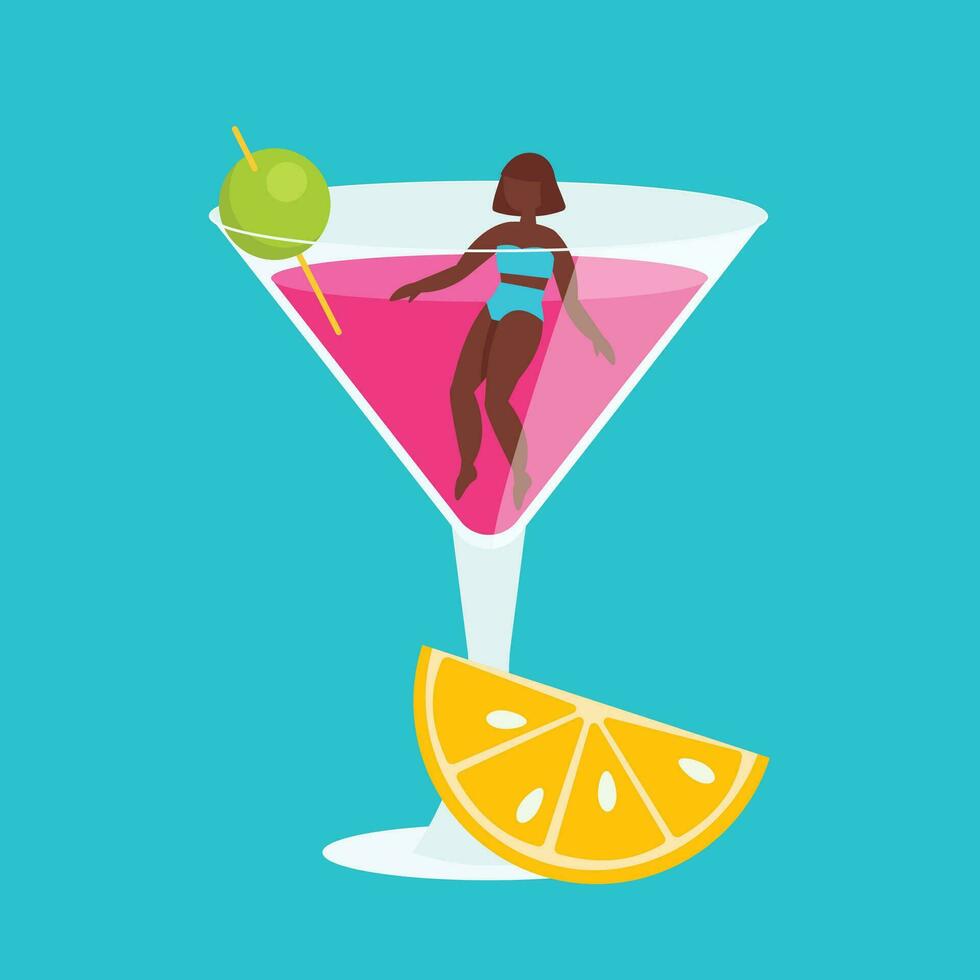 ElephantGlass with delicious cold drink. Girl swims inside. Vector graphic.