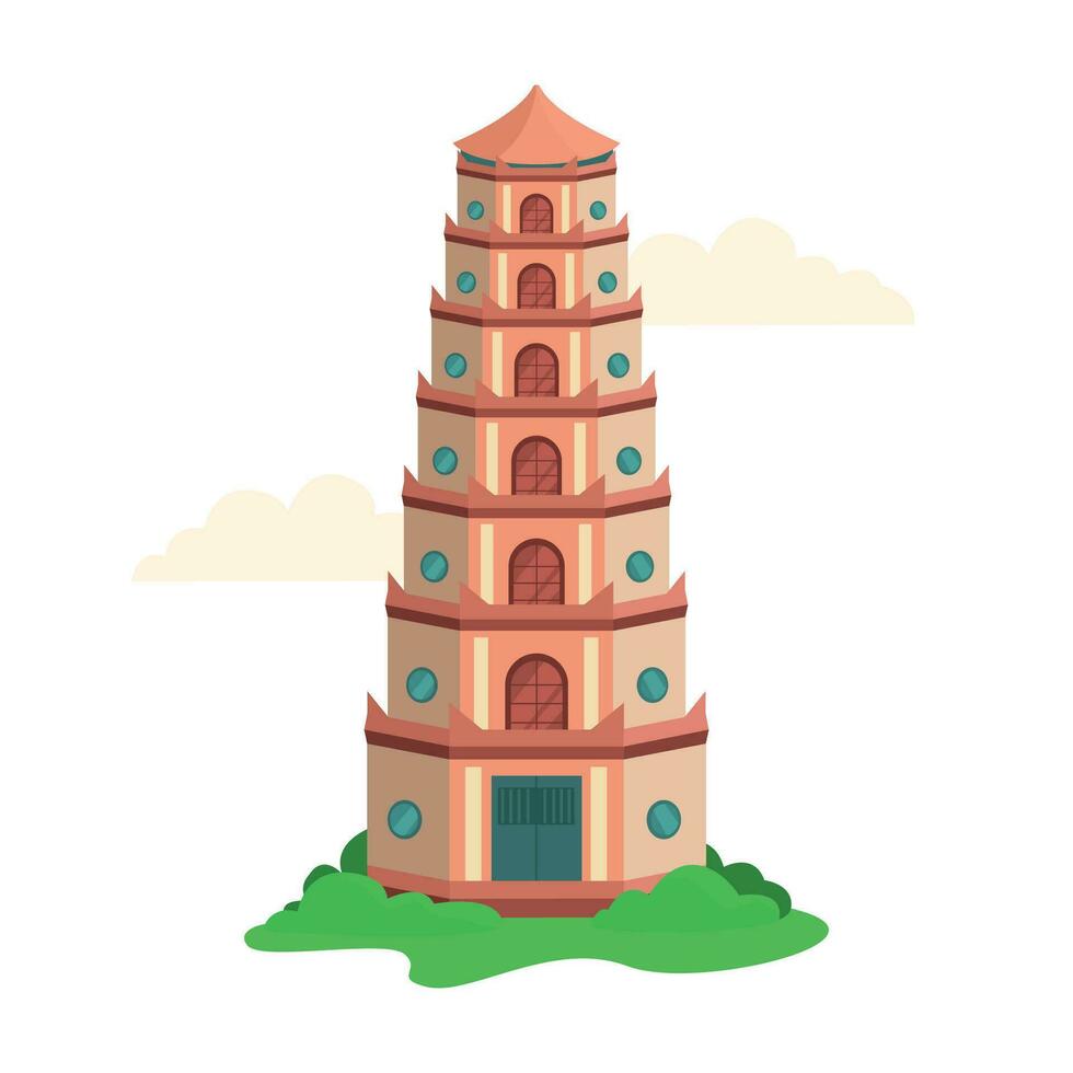 Thien Mu Pagoda in Vietnam. Historical landmark, beautiful architecture. Vector graphic.