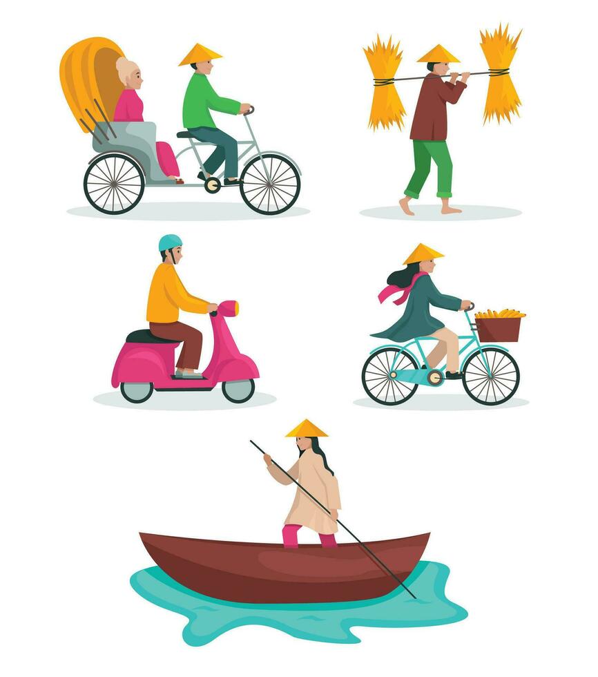 webvietnam. personas de Vietnam. ellos paseo bicicletas, ciclomotores, barcos, rickshaws, camina. vector gráfico.