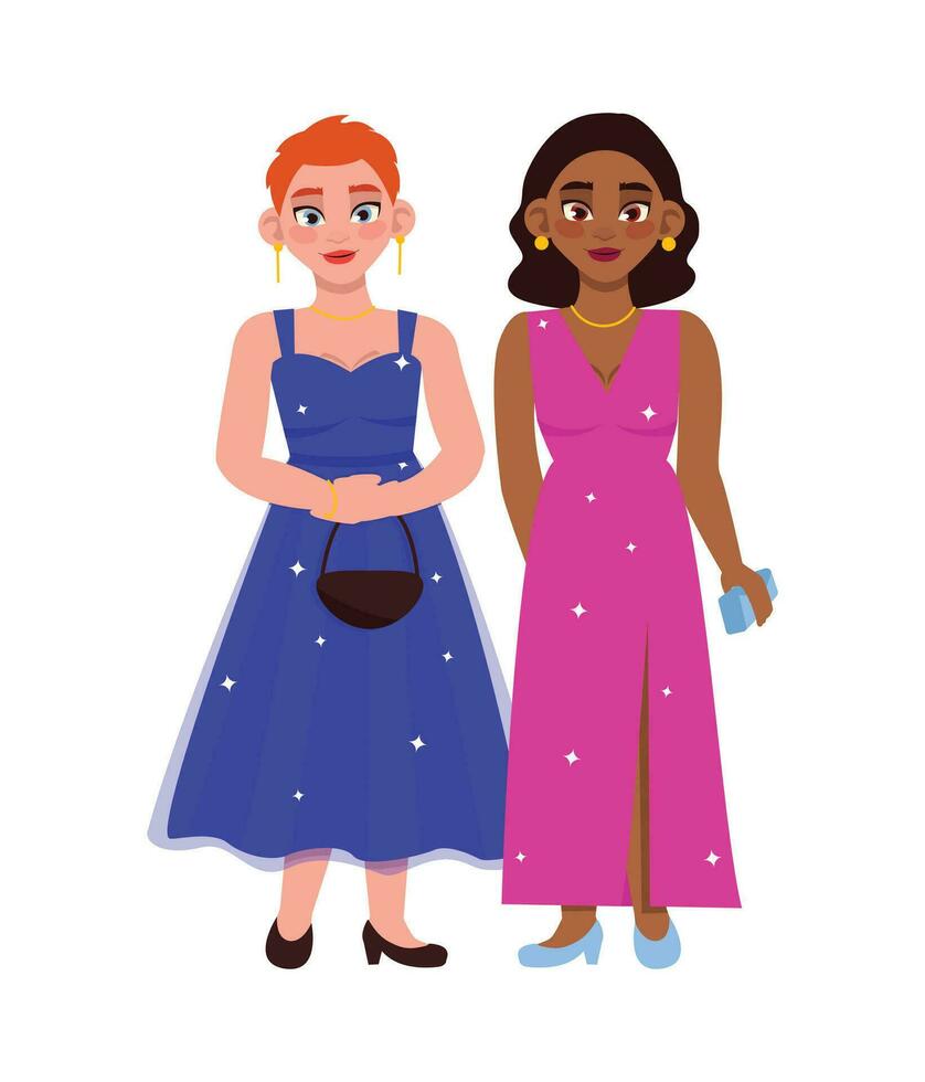 Two girls are graduates. A couple at a graduation party in beautiful elegant clothes. Vector graphic.