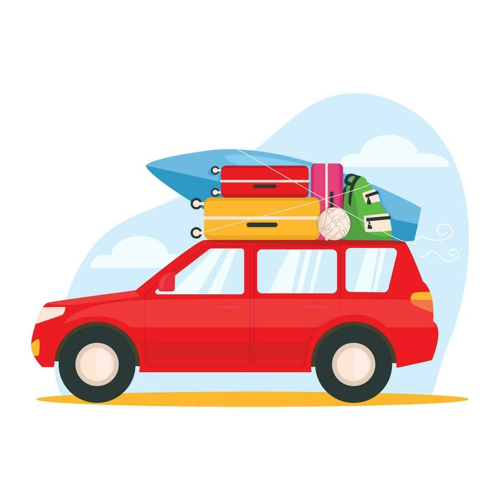 Red car with things goes on vacation. Suitcases, a surfboard, a backpack, a ball are fixed on the roof. Vector graphic.