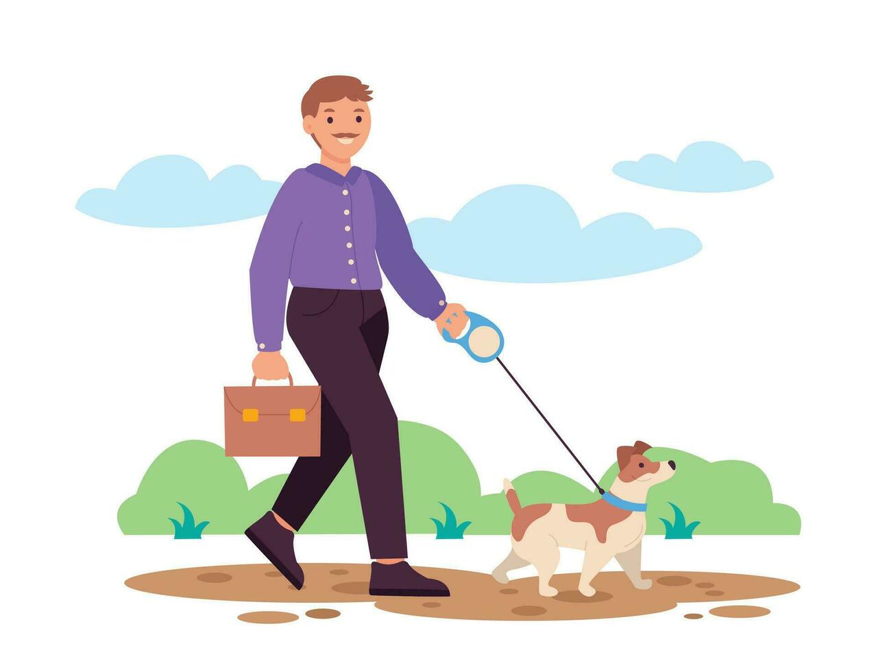 Man walking his dog. They walk in the park. Best friends. Vector graphic.