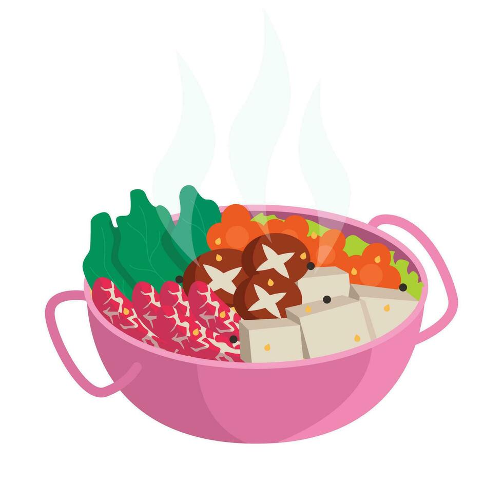 Hot pot or Shabu shabu. Vegetables, meat, herbs, tofu, black pepper, sesame and hot broth. Vector graphic.