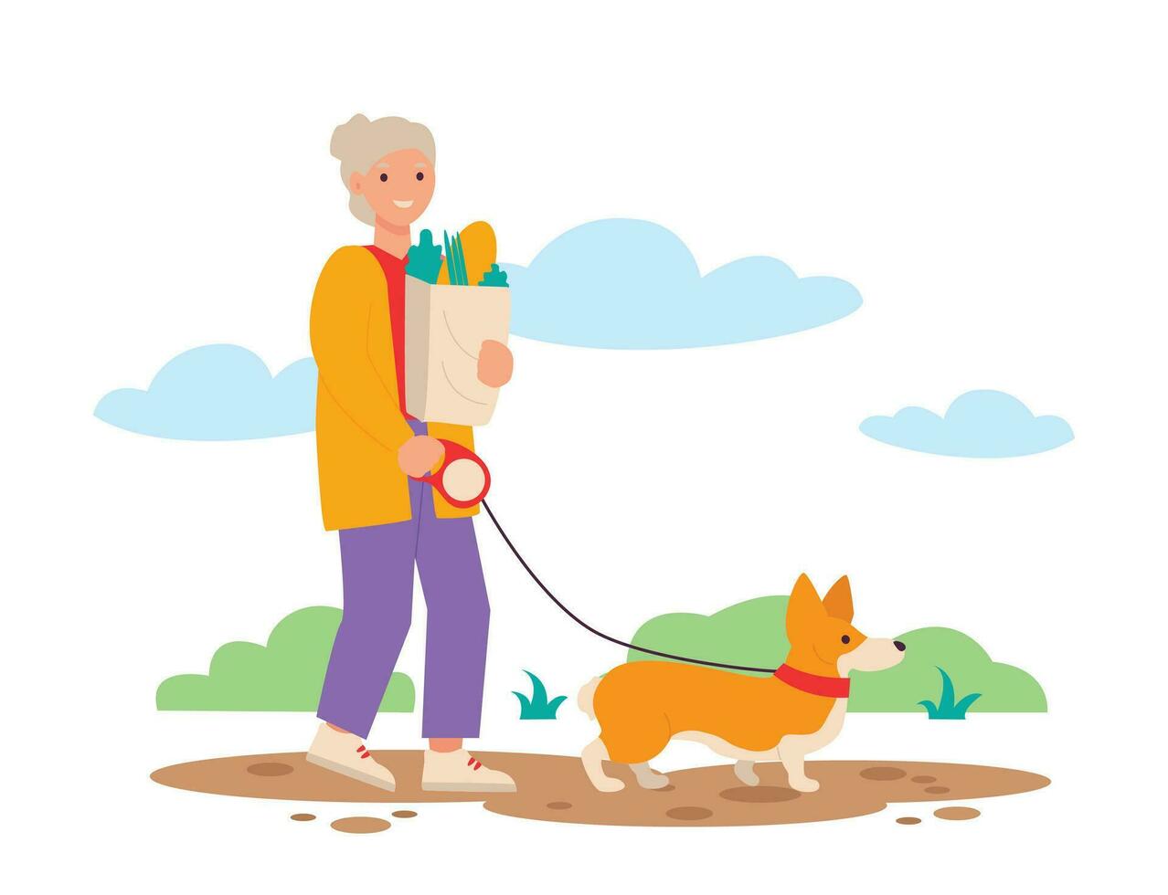 Old woman walking her dog. They walk in the park. Best friends. Vector graphic.