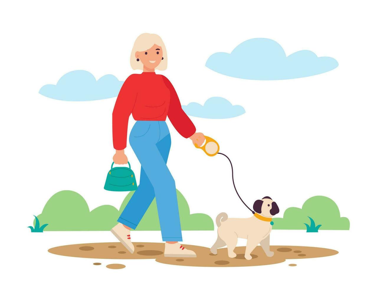 Young girl walking her dog. They walk in the park. Best friends. Vector graphic.