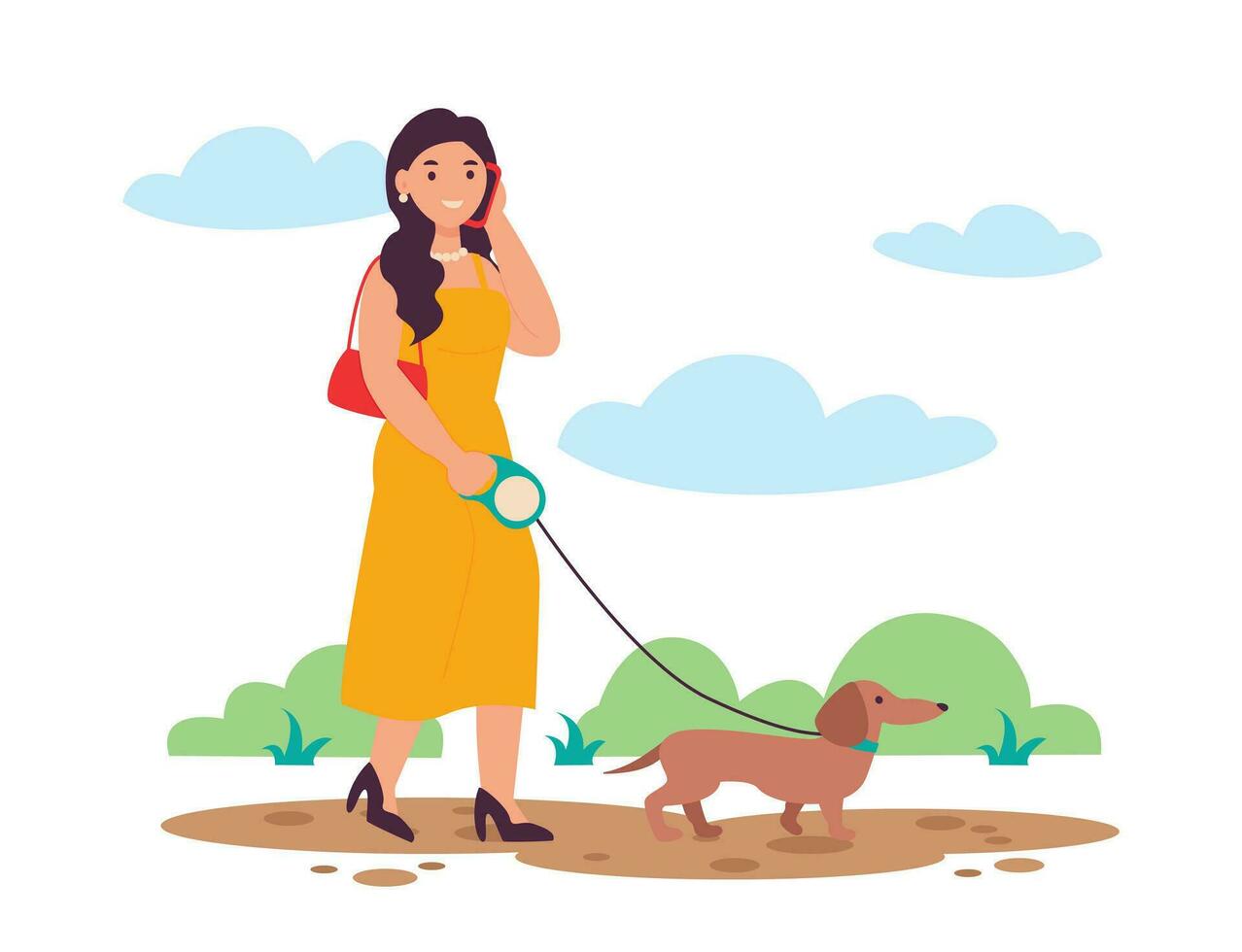 Woman walking her dog. They walk in the park. Best friends. Vector graphic.