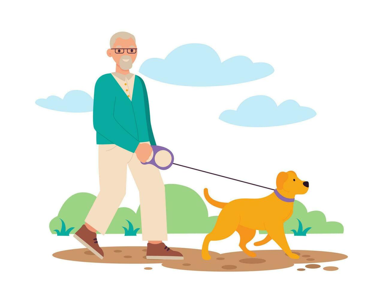 Old man walking his dog. They walk in the park. Best friends. Vector graphic.