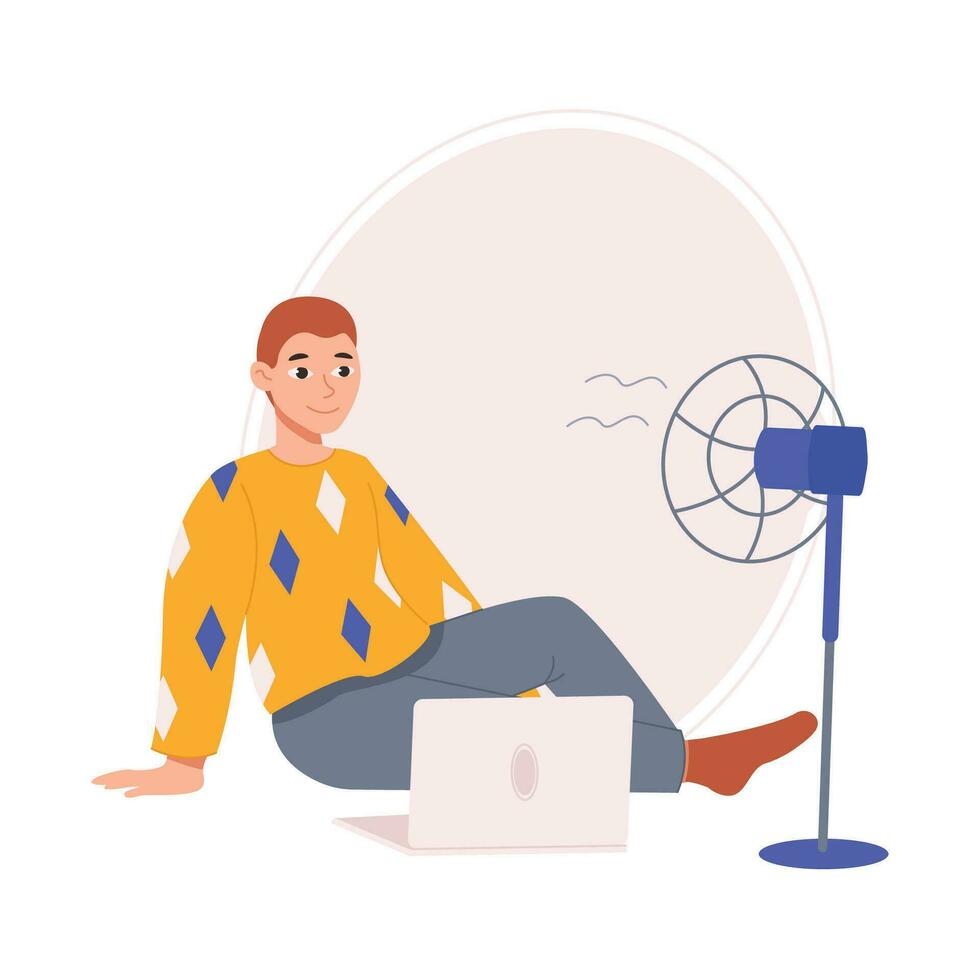 Guy is sitting on the floor with a laptop and a fan. Guy with ventilation equipment in hot weather. Vector graphic.