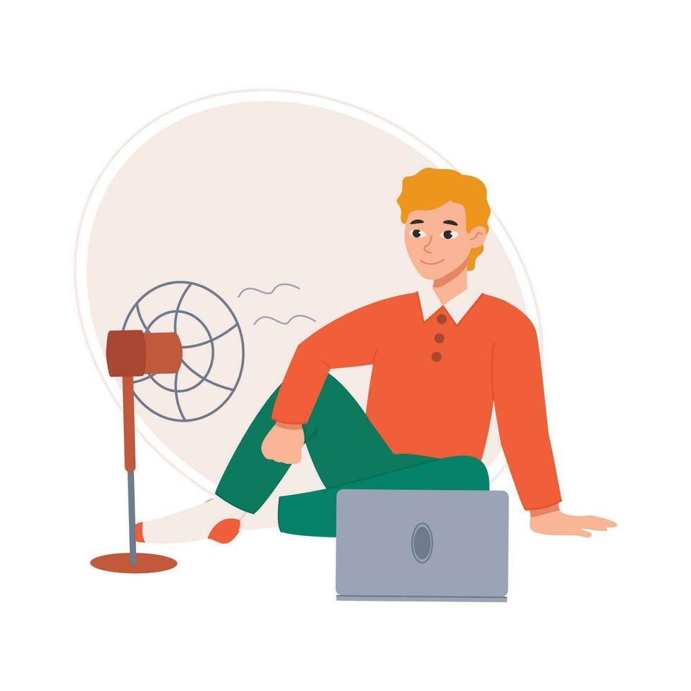 Guy is sitting on the floor with a laptop and a fan. Guy with ventilation equipment in hot weather. Vector graphic.