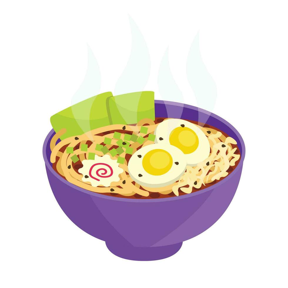 Ramen. Noodles, broth, vegetables, meat, egg. Popular Japanese food. Vector graphic.