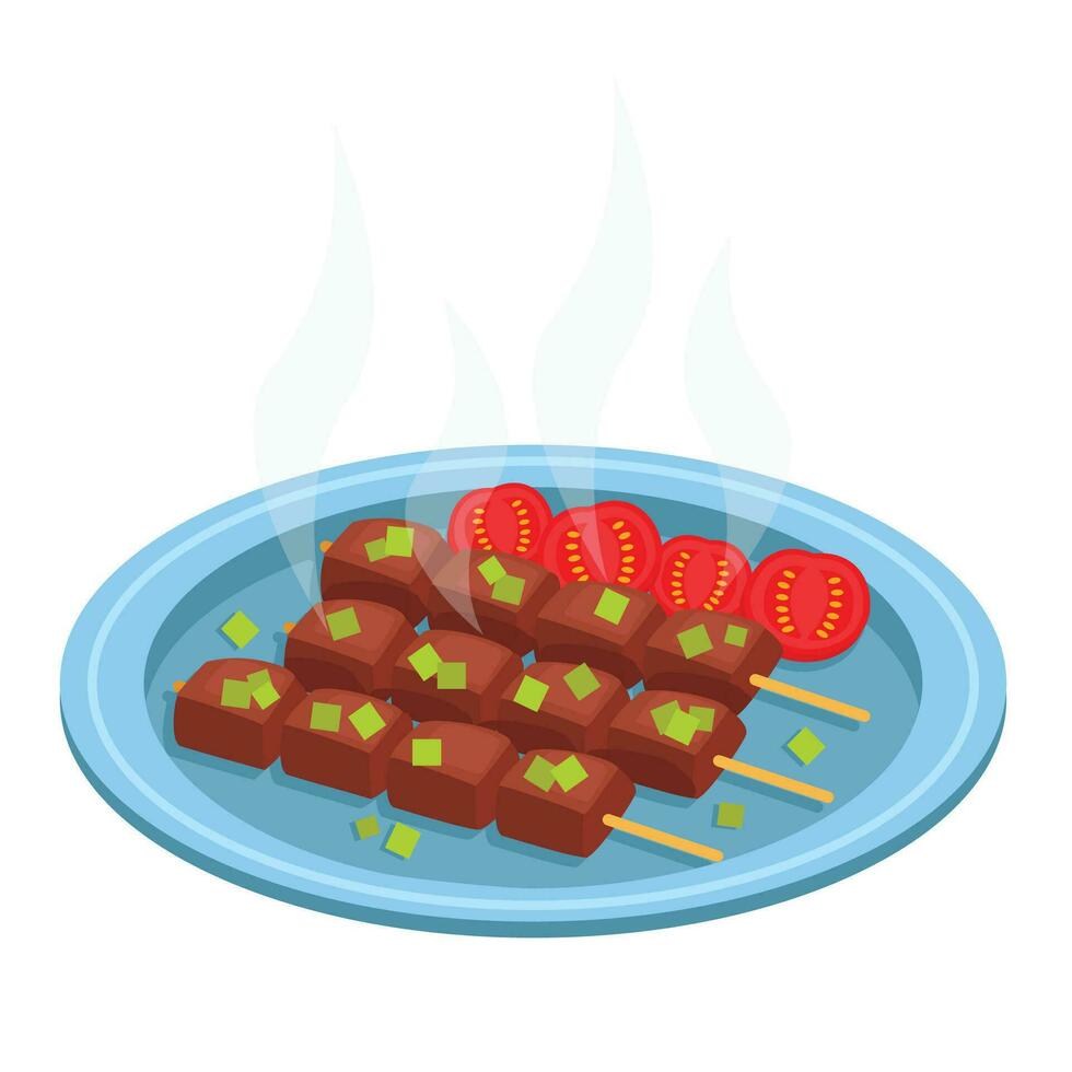 B-B-Q. Barbecue. Fried meat - beef, pork, lamb. Garnished with tomato slices and chopped green onions. Vector graphic.