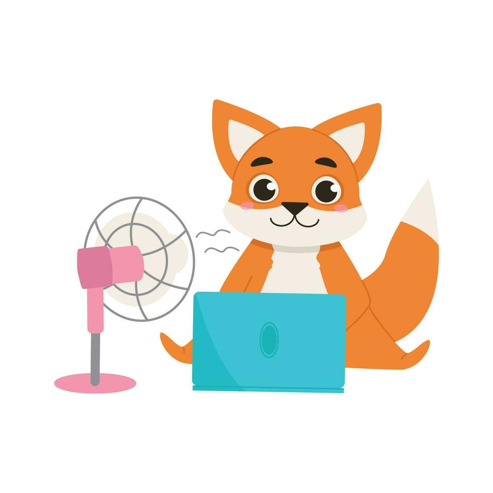 Cartoon animal is sitting on the floor with a laptop and a fan. Fox with ventilation equipment in hot weather. Vector graphic.