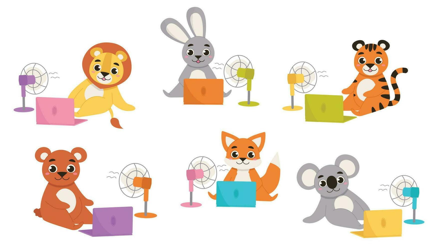 Set of cartoon animals sitting on the floor with a laptop and a fan. Bear, hare, fox, lion, tiger and koala with ventilation equipment in hot weather. Vector graphic.