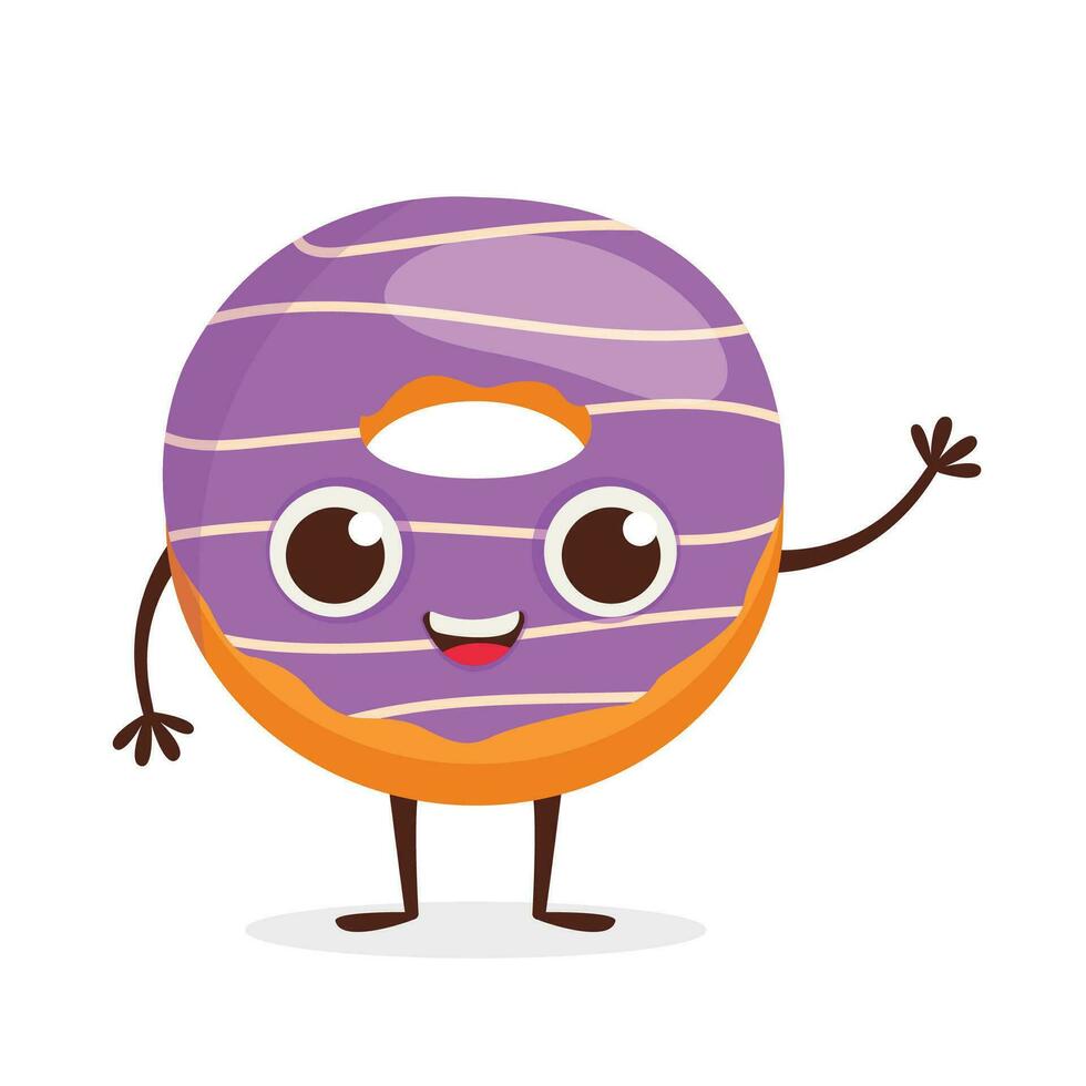 Cute dessert character Donut with icing. Vector graphic.