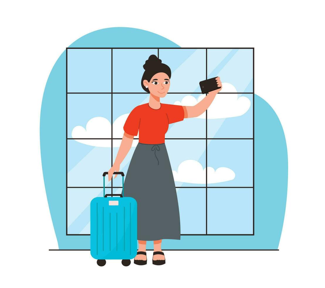 Woman with a suitcase at the airport takes a selfie on the phone. Goes on a flight to go on a journey. Vector graphic.