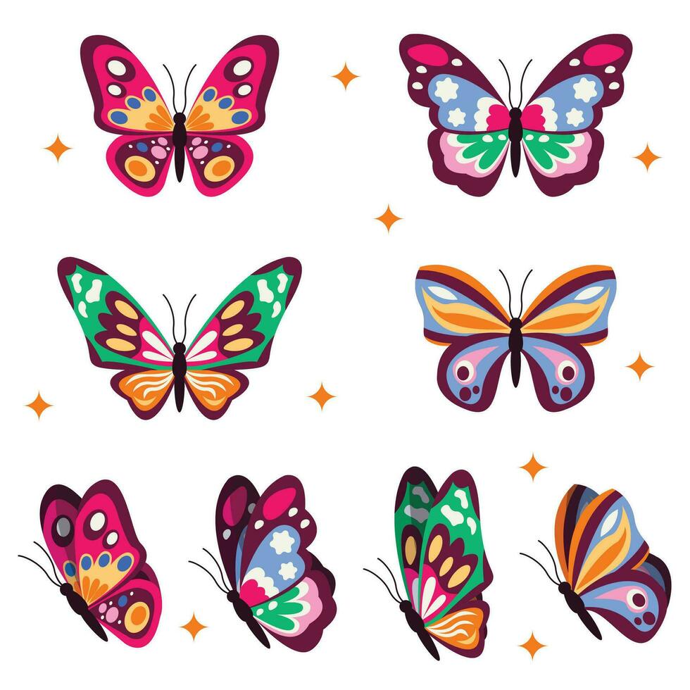 Set of 4 beautiful different butterflies. Back view and side view. Vector graphic.