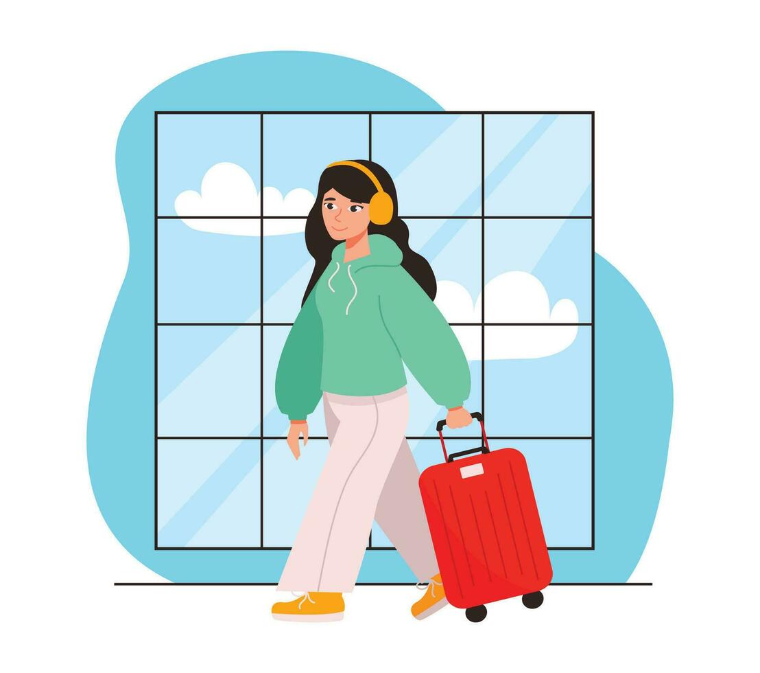 Girl in headphones with a suitcase at the airport. Goes on a flight to go on a trip. Vector graphic.