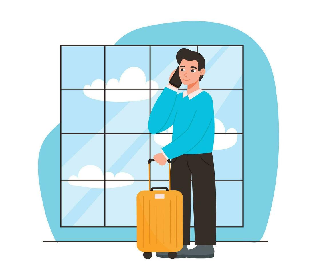 Man with a suitcase at the airport is talking on the phone. Goes on a flight to go on a journey. Vector graphic.