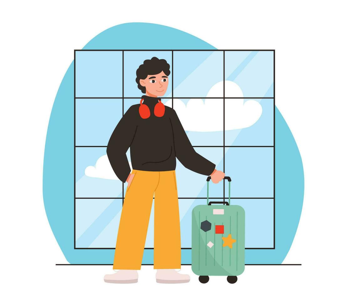 Man with a suitcase at the airport. Goes on a flight to go on a journey. Vector graphic.