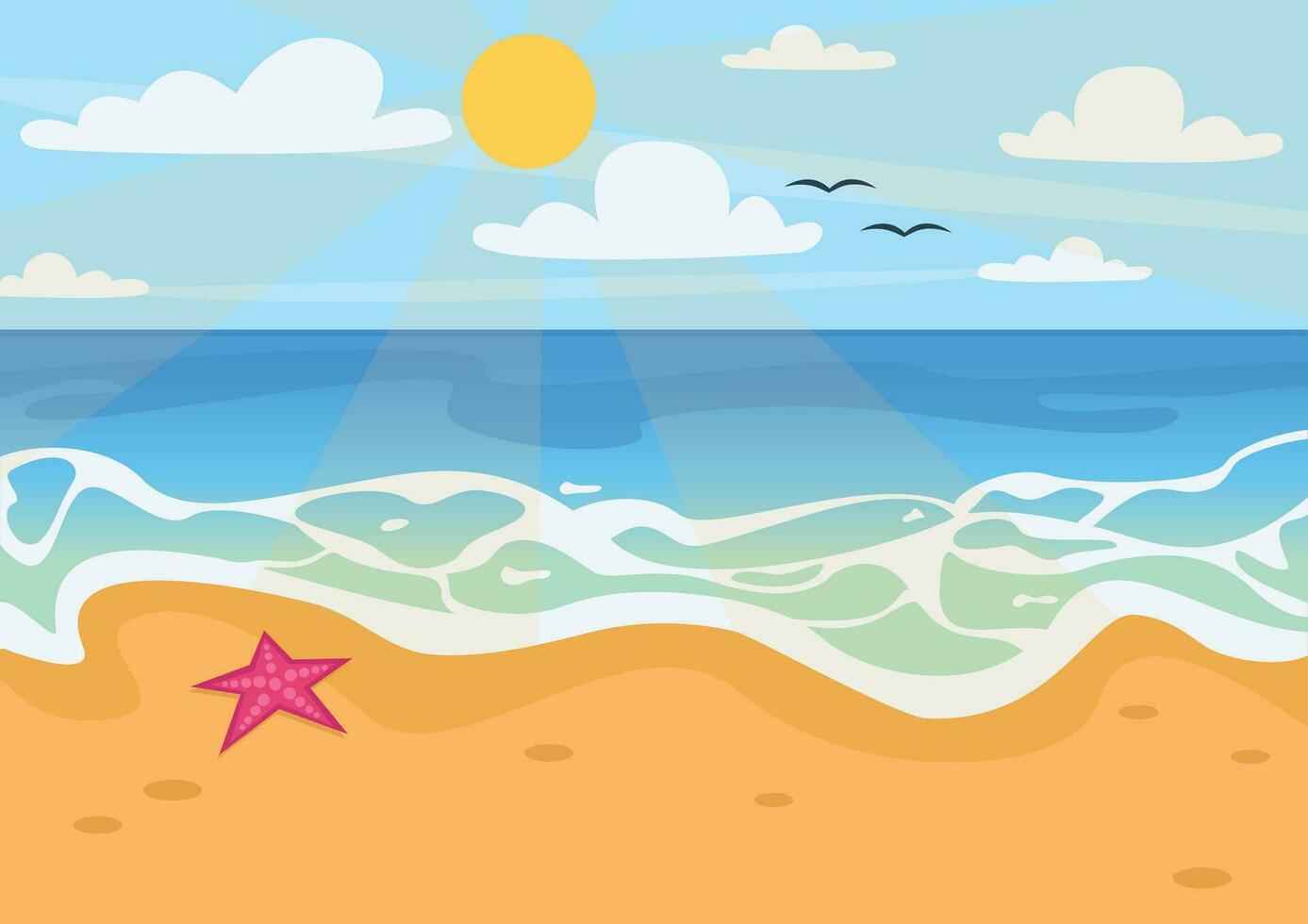 Summer landscape. Beautiful background. Ocean or sea, sandy beach, sky, sun and clouds. Vector graphic.