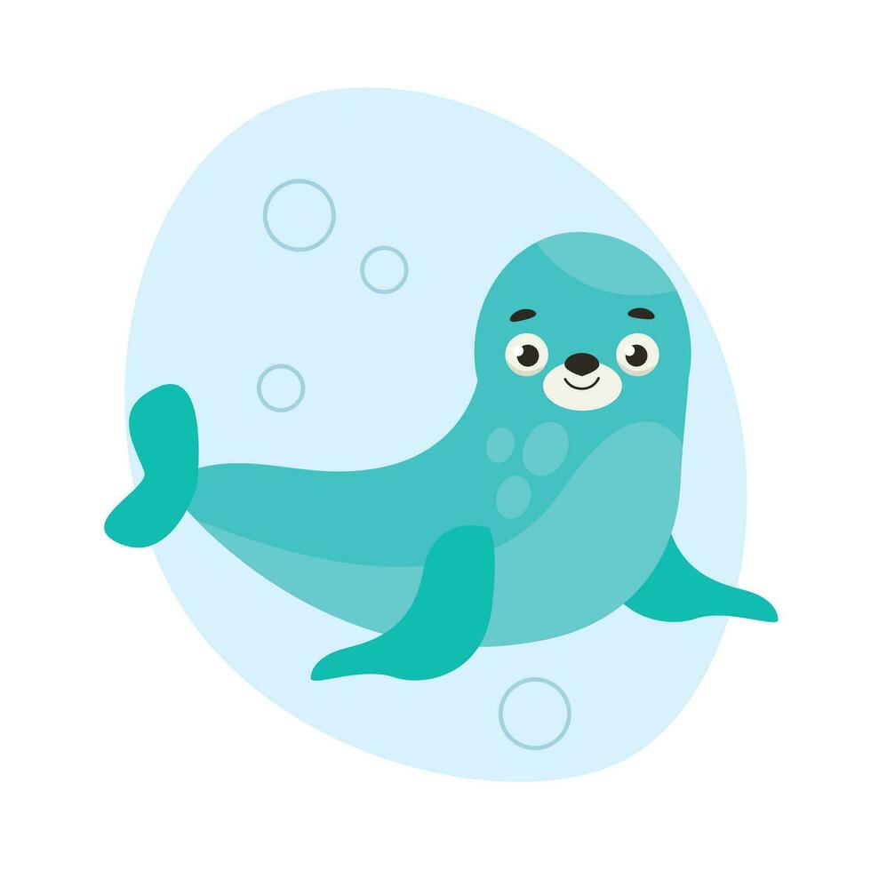 Cute fur seal swims in the water. Sea life. Vector graphic.