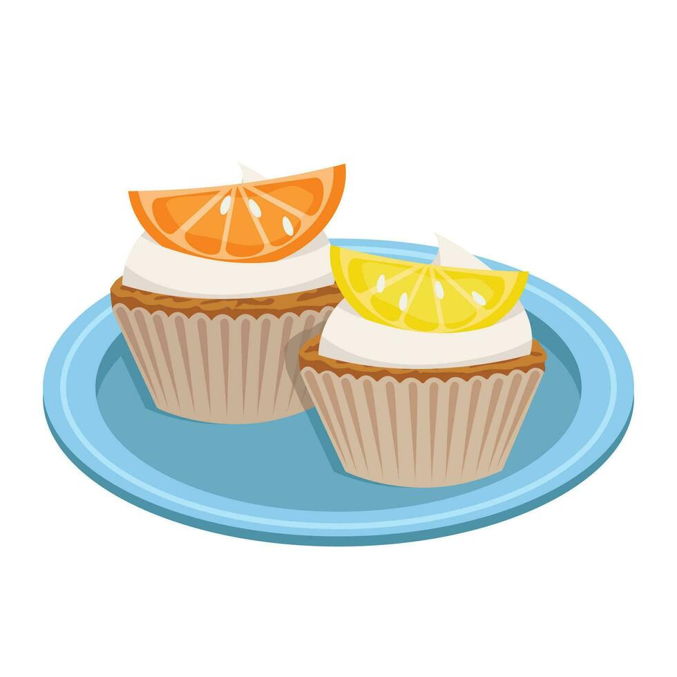 Cupcakes with cream and fruits. Orange and lemon. Filled dough, pastries. Vector graphic.